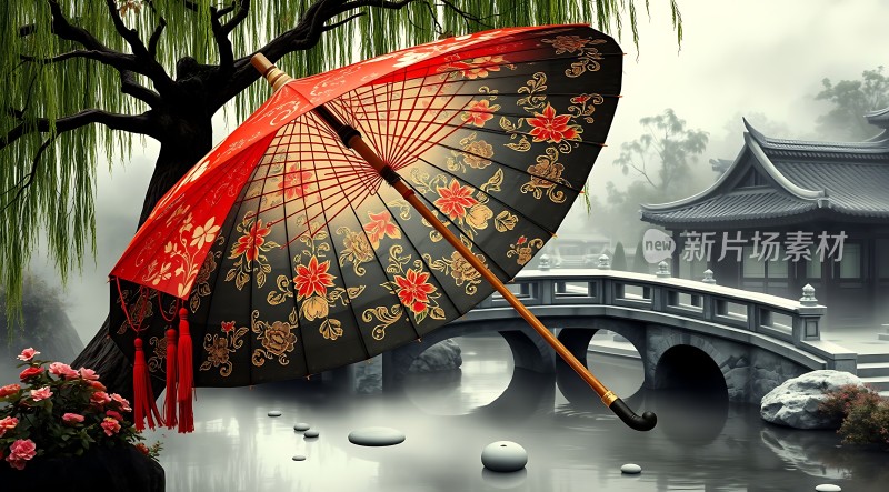 古风油纸伞下的宁静庭院
