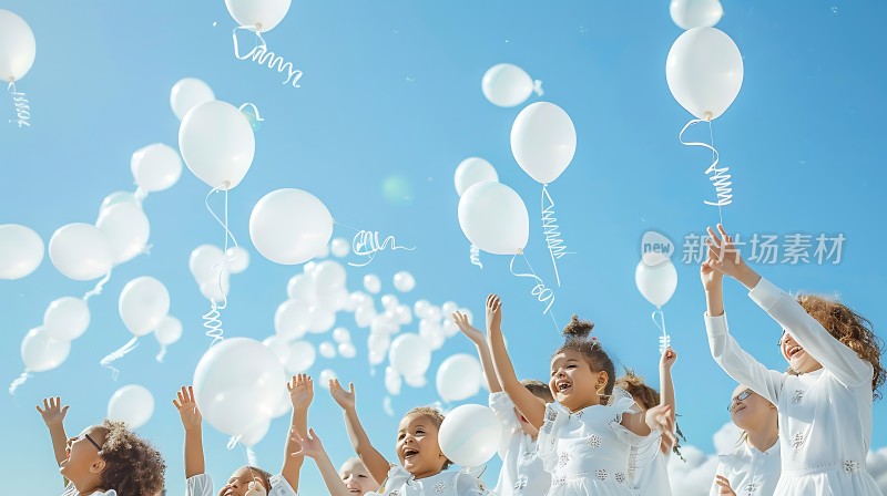 蓝天白云下孩子们放飞气球快乐无忧