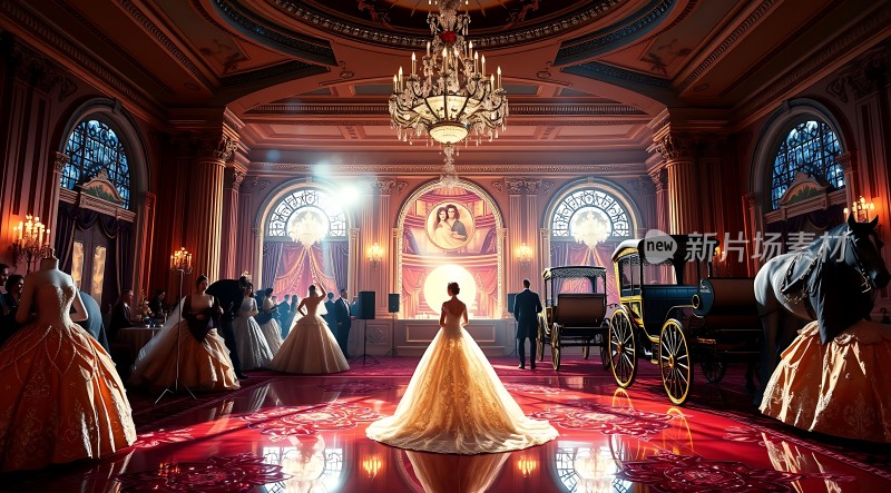 金色舞会上的华丽马车与优雅礼服