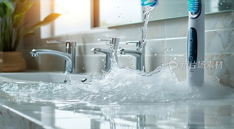 电动牙刷与水花四溅的洗手台