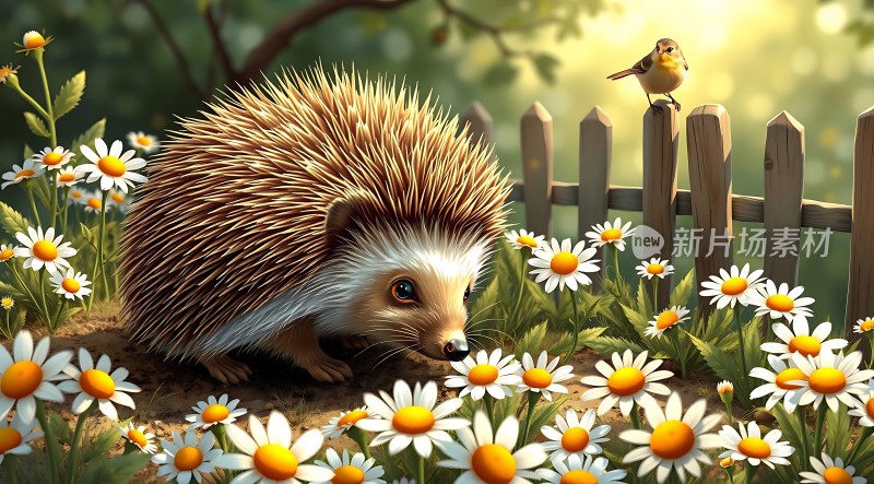 阳光下的刺猬与雏菊