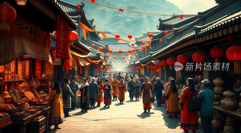 古街繁华红伞如云人潮涌动热闹非凡