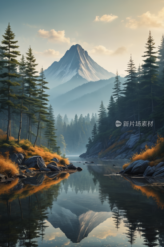 一座山前景是湖泊树木高清风景插图片