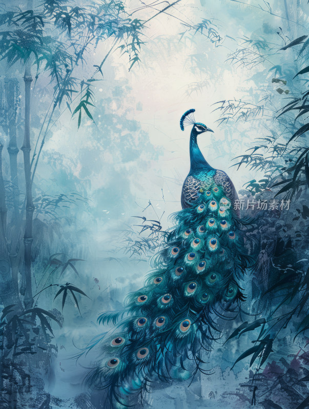 中国风竹林中的艳丽孔雀