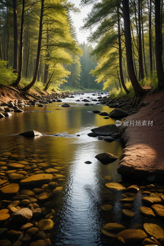 一条小溪流经一片长满岩石的森林风景图片