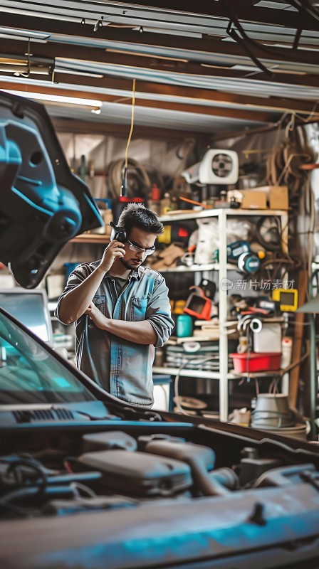 修车工人在电话中讨论汽车问题