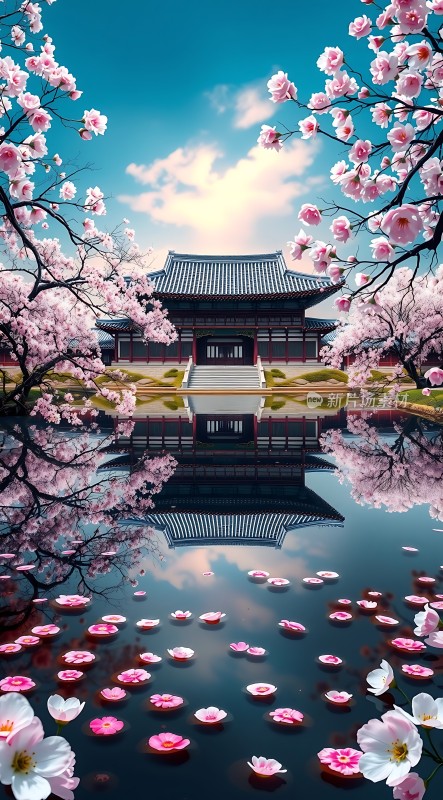 樱花古建筑湖畔美景