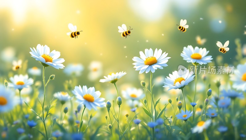 阳光下的蜜蜂与雏菊