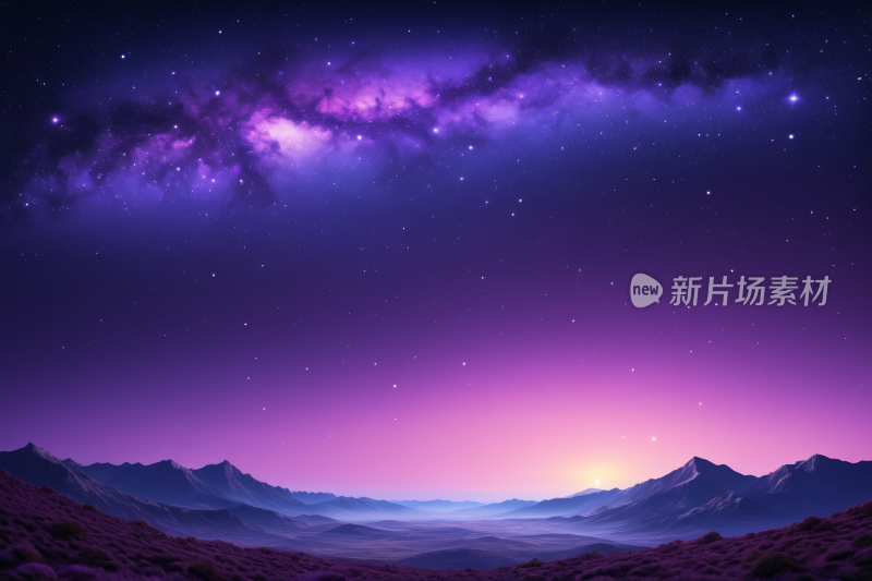 紫色和黑色的夜空有星星和山脉高清背景图片