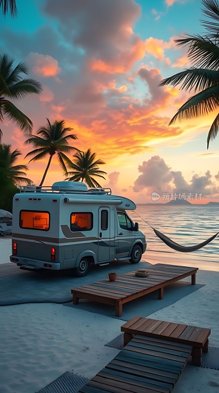 椰林下的露营车海边的日落美景