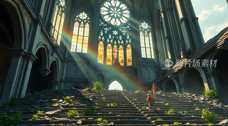 废弃教堂里的彩虹与阳光