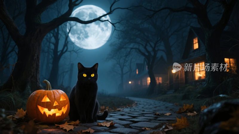 万圣节夜晚黑猫与南瓜灯