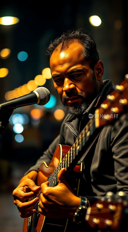 街头吉他手深情演奏