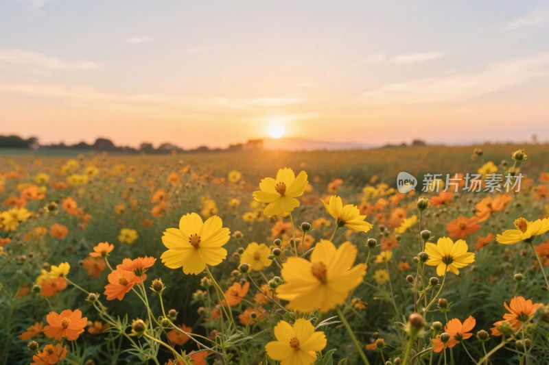 夕阳下的野花田野