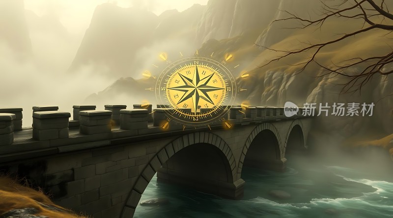 神秘古桥上的金色罗盘