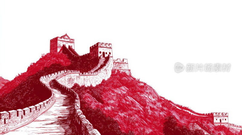 红色线条勾勒的长城