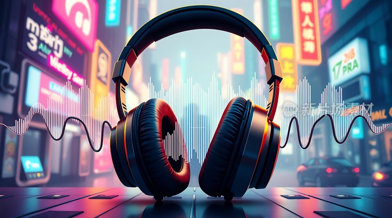 耳机与城市夜景的结合展现音乐与都市生活的融合