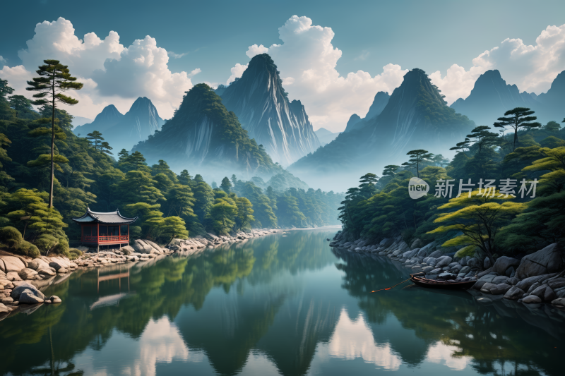 山景河图高清风景插画图片