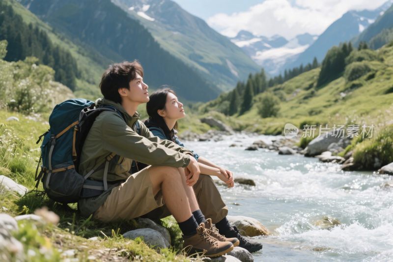 两人溪边休憩赏山间美景