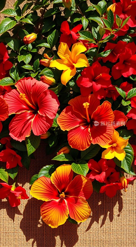 红黄相间花朵绽放绿叶衬托生机盎然