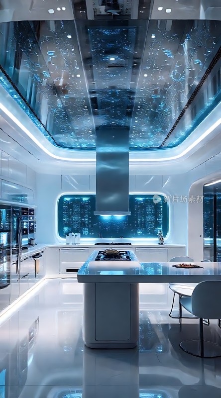 未来主义厨房设计透明天花板与高科技家电