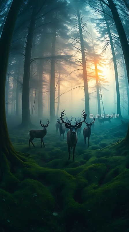晨曦中的鹿影迷雾森林