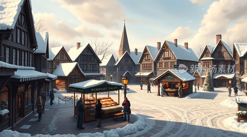 冬日小镇集市雪景下的温馨生活场景