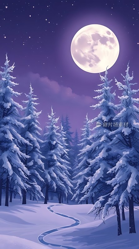 雪夜月下静谧森林