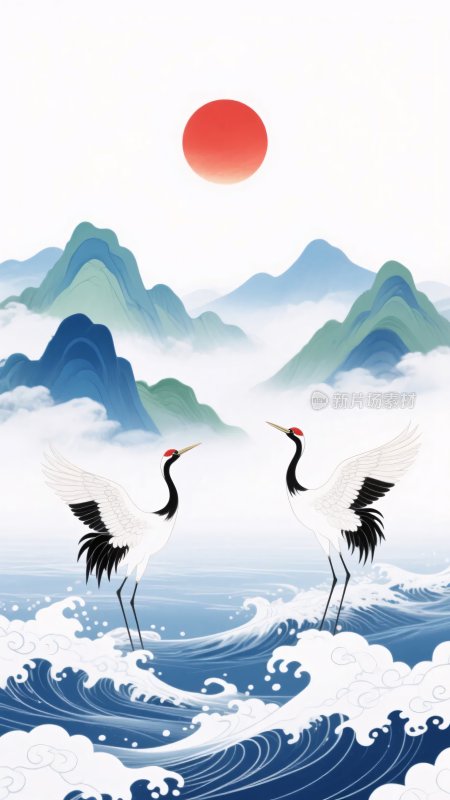 仙鹤于山水间伴红日图景