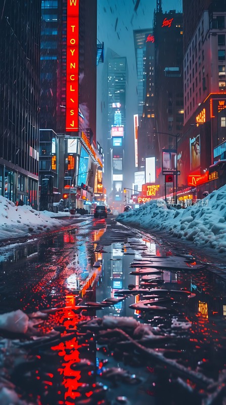 霓虹灯下的雪夜街头
