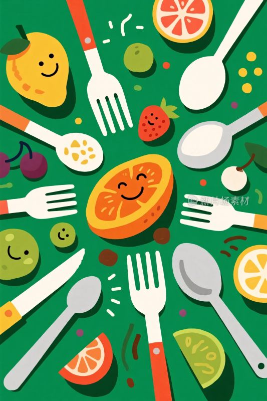 彩色果蔬餐具插画