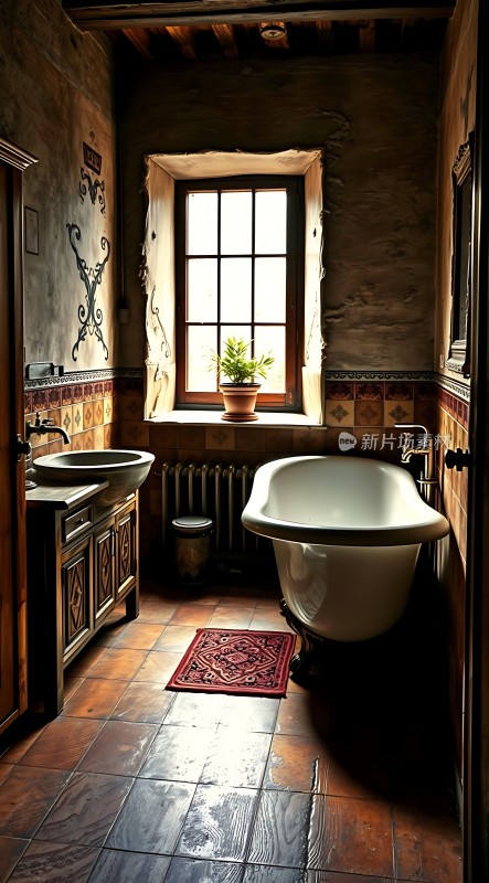古风浴室复古浴缸与木质装饰相得益彰
