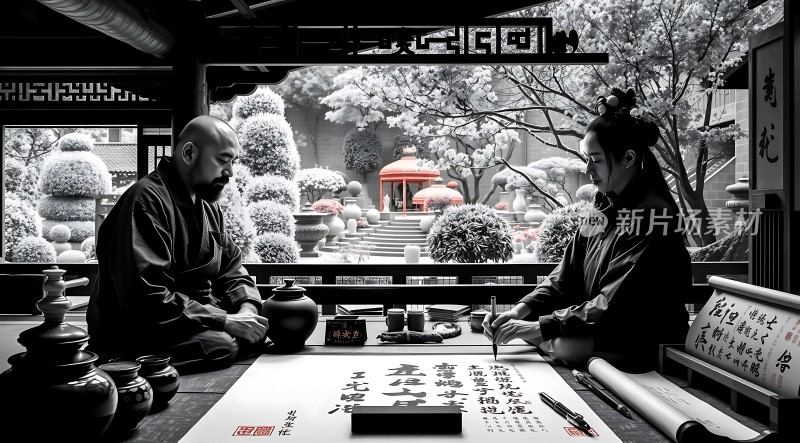 古风书法对弈图