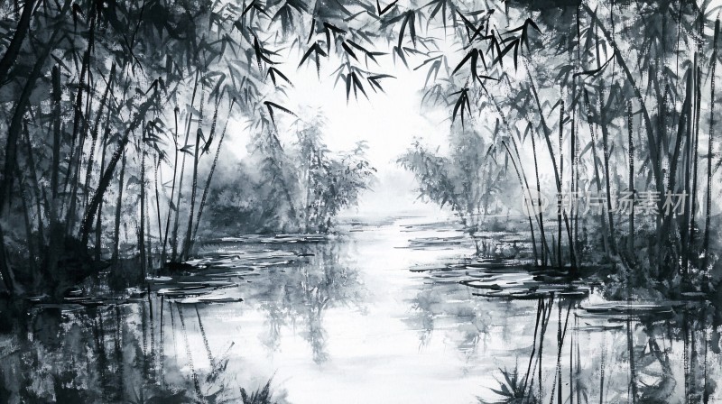 竹林油画