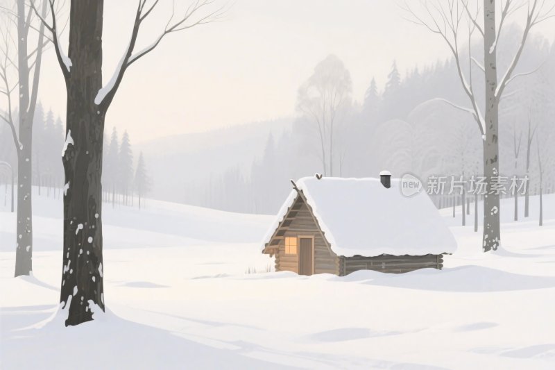 冬日雪景木屋插画