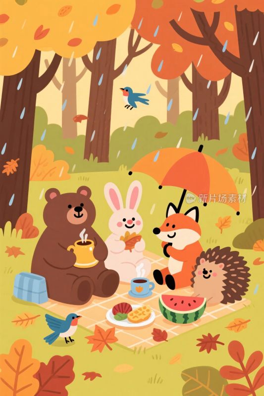 森林秋日动物野餐图