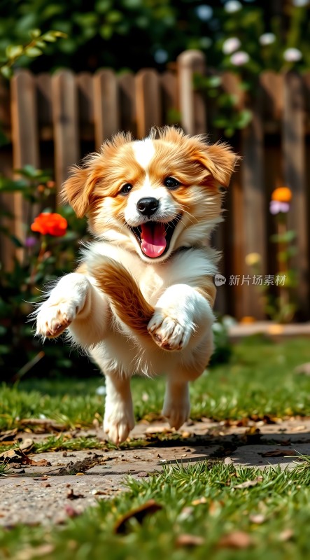 阳光下的快乐小狗在奔跑