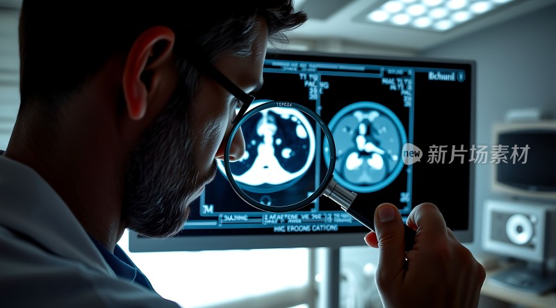 医生通过放大镜观察X光片上的肺部影像