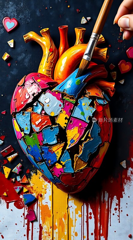 破碎的心脏与画笔的结合色彩斑斓寓意深刻