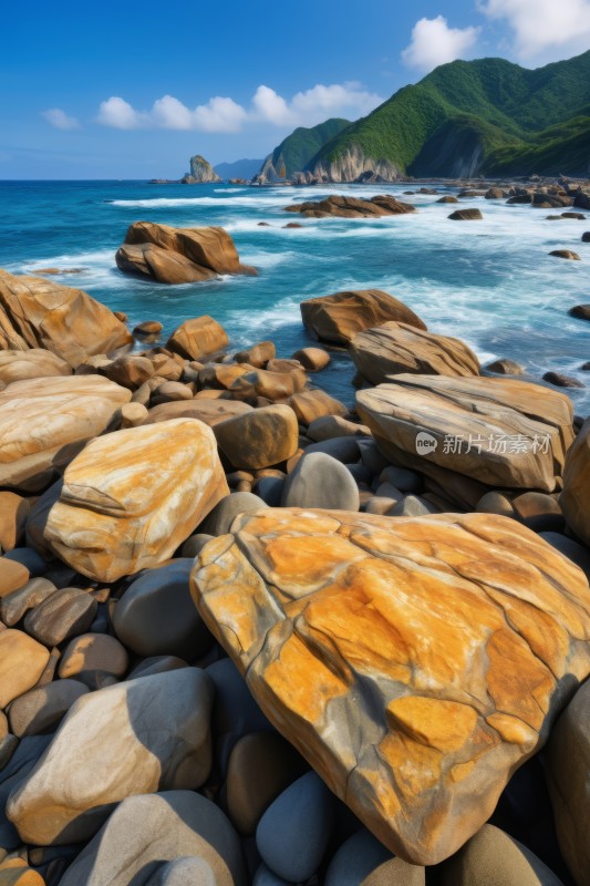 海滩上的岩石和巨石一座山高清风景图片