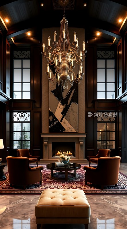 豪华大厅吊灯璀璨壁炉温馨沙发舒适