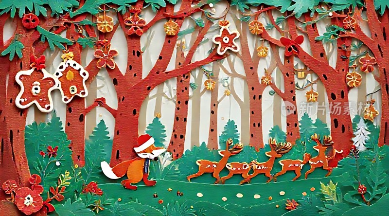 圣诞森林里的狐狸和驯鹿