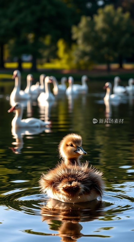 湖畔小鸭觅食趣白鹅悠然伴左右