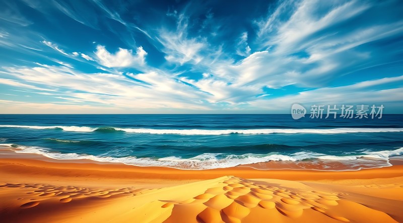 蓝天白云下的金色沙滩与蔚蓝大海