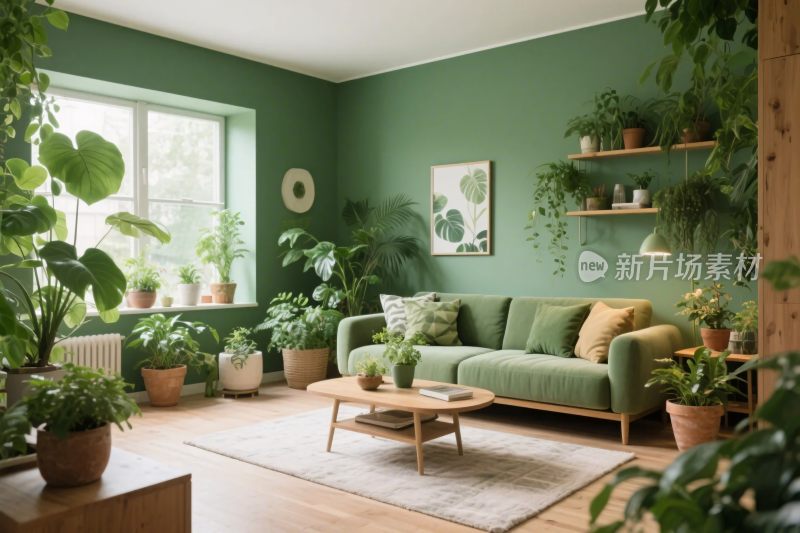 绿植环绕的绿色系温馨客厅