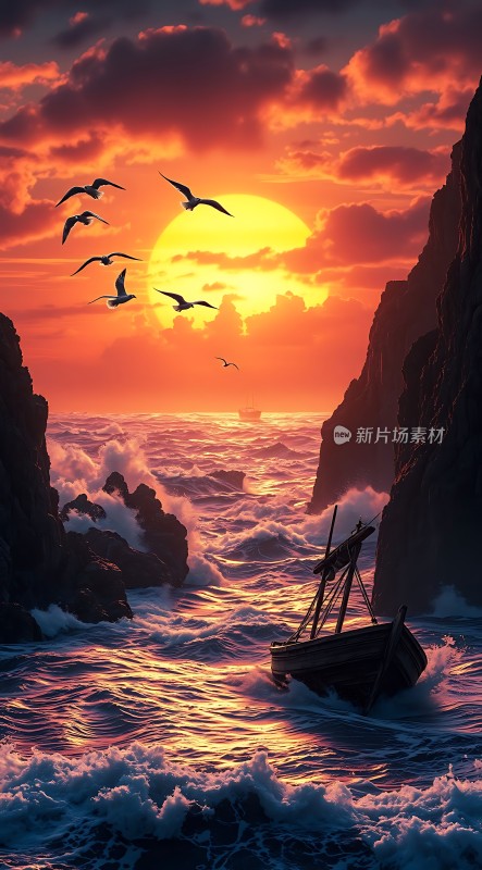 日落时分的海景一艘小船在波涛中航行天空中飞翔着几只鸟