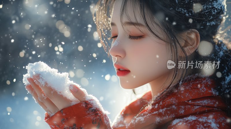 冬日美女冬天下雪捧着雪花中国风唯美