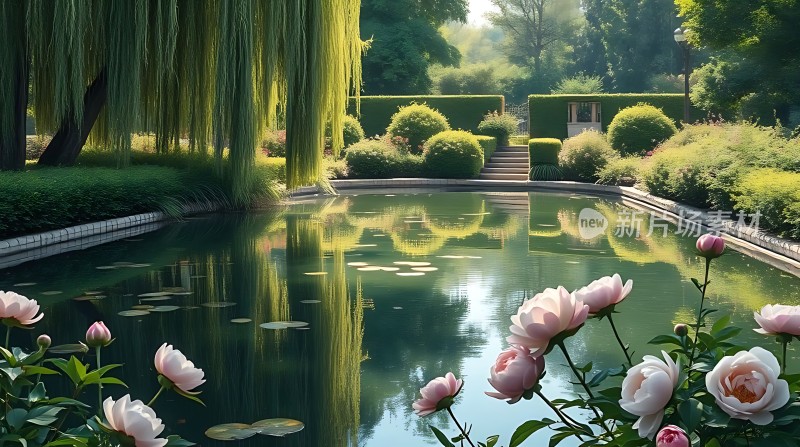 湖畔花影映翠波