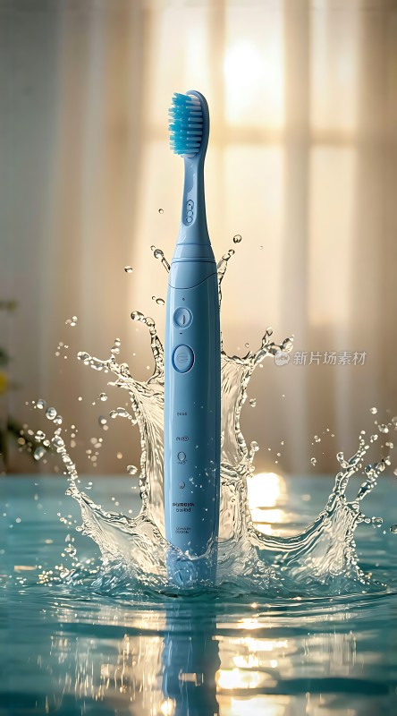 蓝色电动牙刷溅起水花
