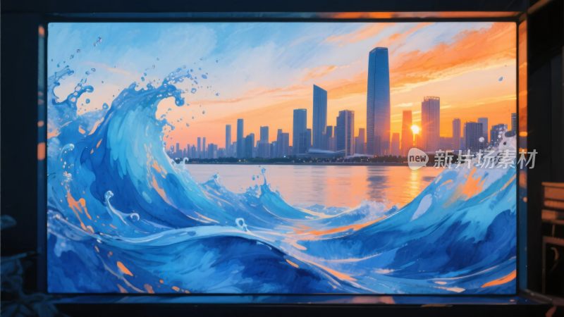 海浪与城市天际线的梦幻画面